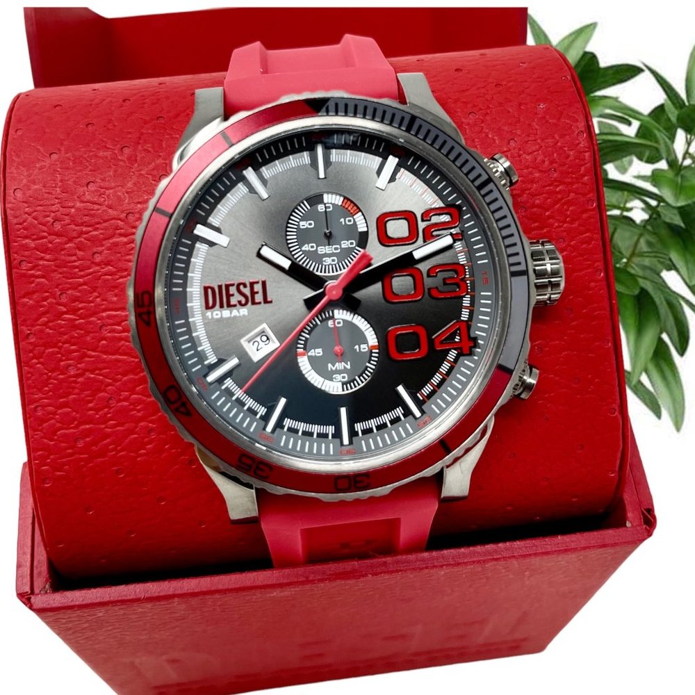 NWT DIESEL Double Down 2.0 Chronograph Red Silicone Watch DZ4613